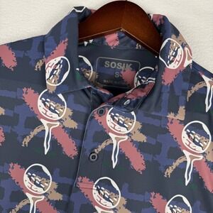 Sosik Mens S Golf Polo Shirt Navy Blue Burgundy Golf‎ Ball Tee Print
